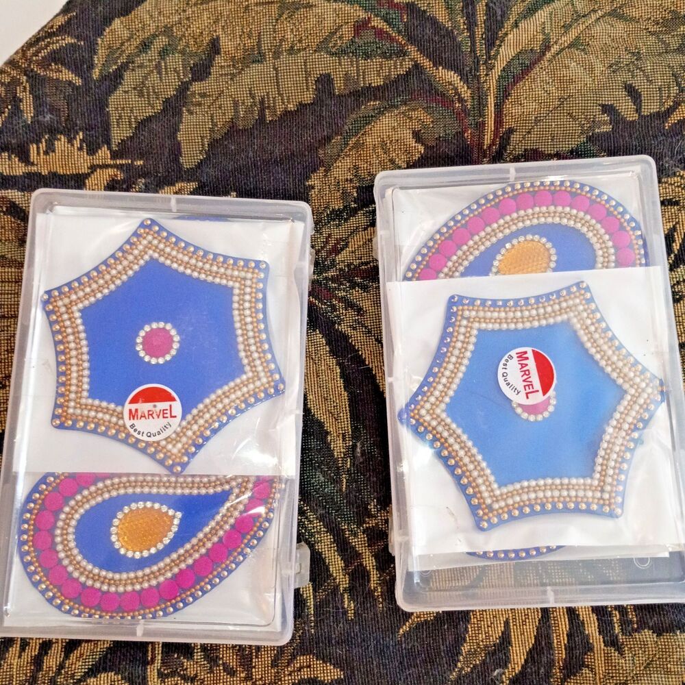 2 Boxes NWT Handicraft 7pc Acrylic Rangoli Set Diwali Pooja Blue Kundan Decor